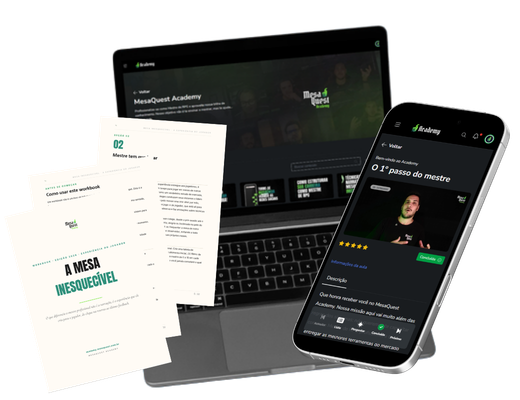 Plataforma MesaQuest Academy no laptop e no celular, com workbooks em PDF